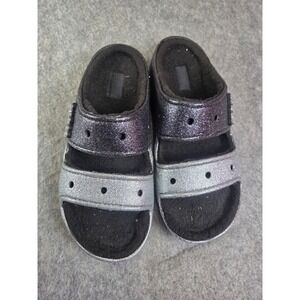 CROCS 2 Strap Fur-Lined Glitter Cozzzy Sandal Women 11 Men 9 black silver